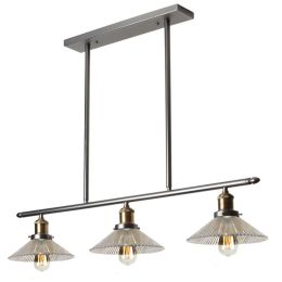 Dainolite 3 Light Horizontal Pendant with Clear Ribbed Glass Vintage Steel